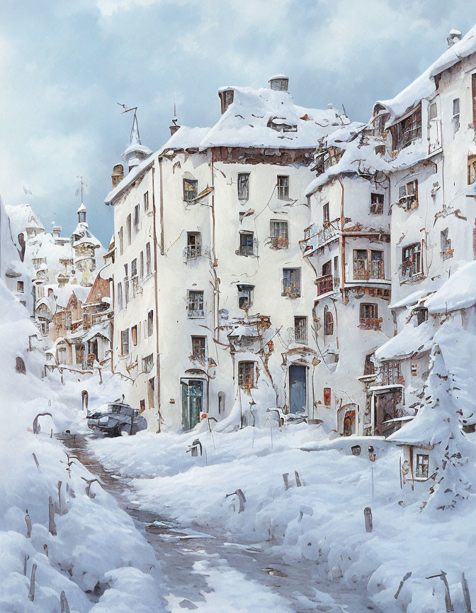 Winter Scene: Snowy European Village with Historical Buildings