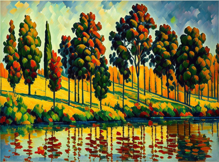Impressionist style painting of lush autumn trees reflected in calm water