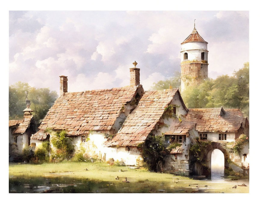 Tranquil watercolor: Stone cottage, thatched roof, bell tower, pond, ducks