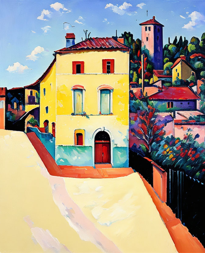 Sunny European village painting with yellow house and green hills