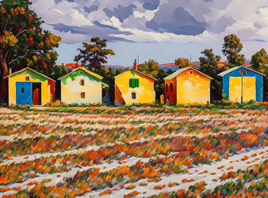 Vibrant painting of four houses against tree backdrop