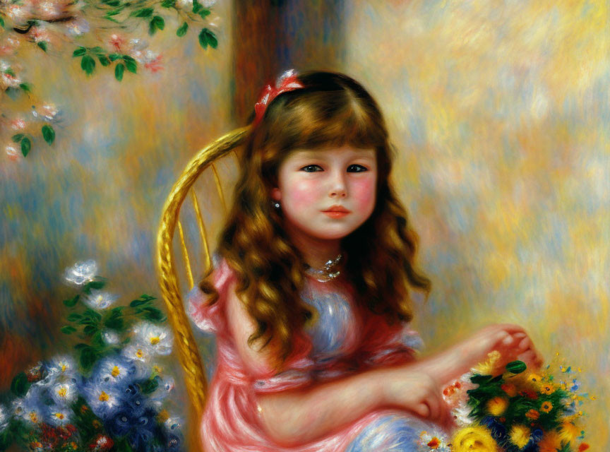 Young girl with red hair bow in pink dress holding yellow flowers in painting