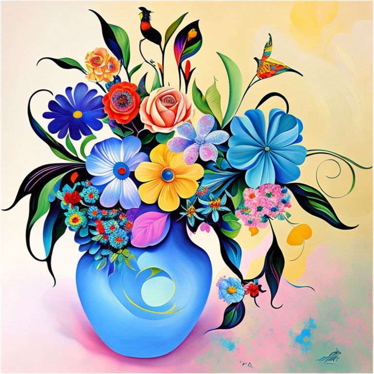 Colorful painting of blue vase with flowers, bird, and butterfly