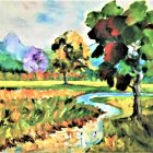Vibrant Countryside Scene with Trees and Houses in Impressionist Style