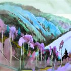 Impressionist painting of village and mountains in soft colors