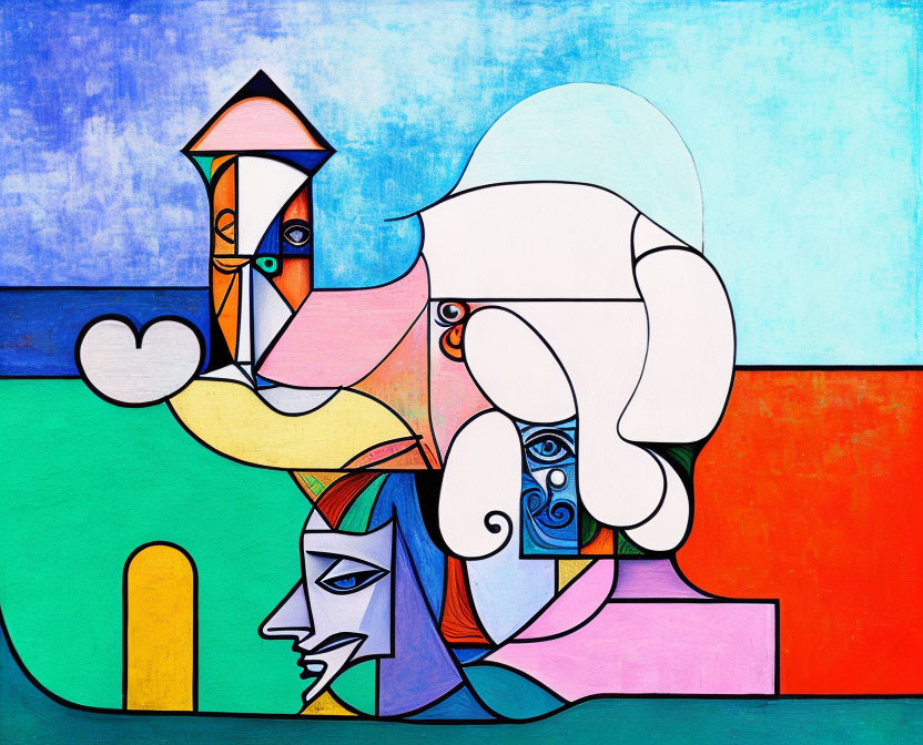 Vibrant abstract painting with geometric shapes and face-like figures in blue, green, orange palette