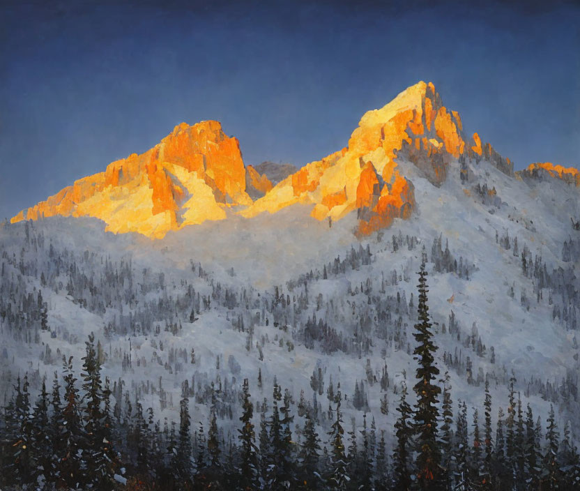 Mountain Range Painting with Warm Light and Forested Foreground