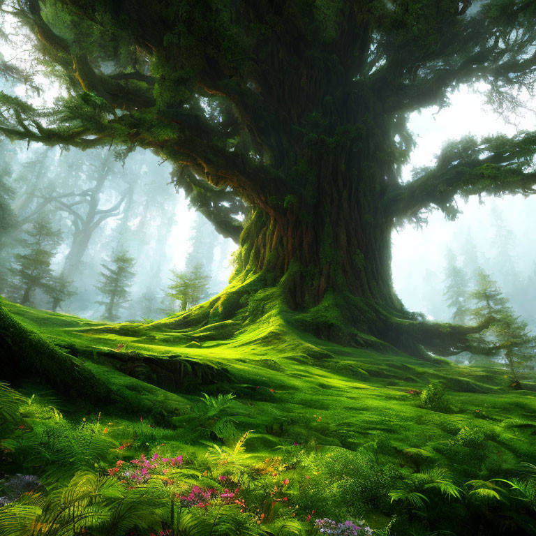Ancient tree in lush forest with moss and ferns