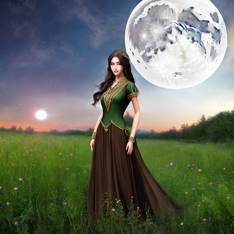Fantasy illustration: Woman in medieval dress under twilight sky with large moon.