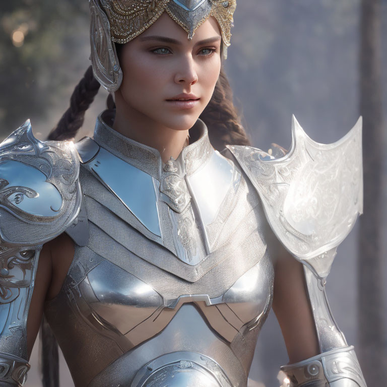 Braided hair woman in silver armor with golden helmet in forest setting