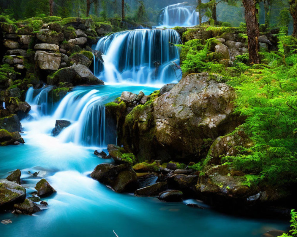 Tranquil waterfall in lush forest with moss-covered boulders