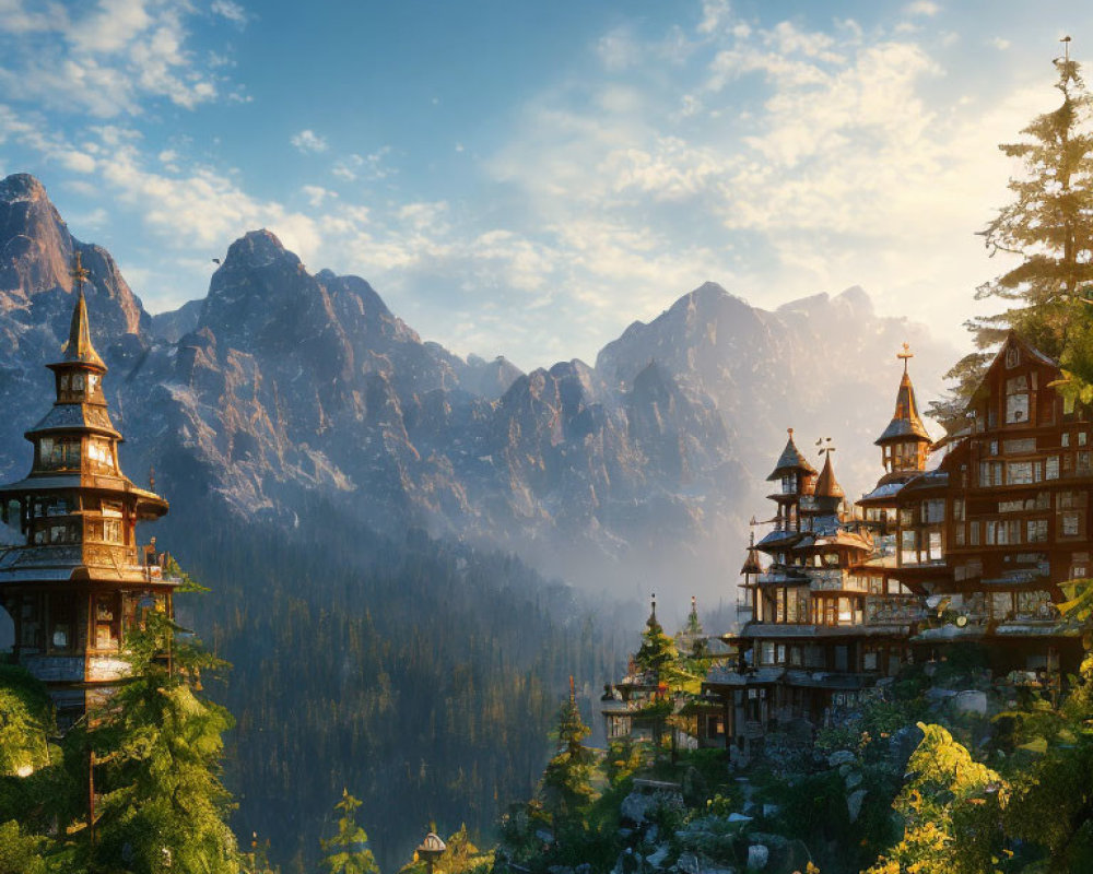 Majestic mountains and intricate wooden buildings in serene landscape