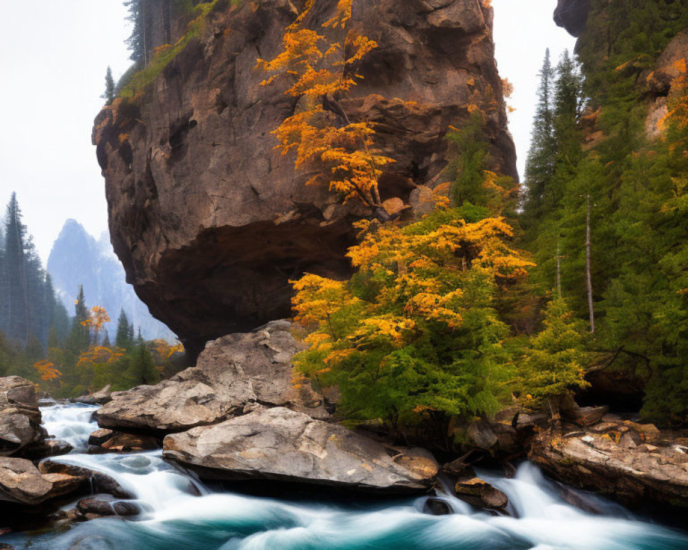 Tranquil river in rugged landscape with autumn trees and misty mountains