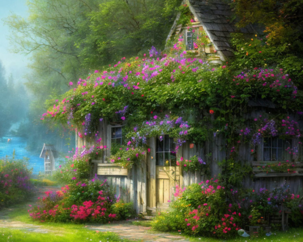Charming cottage surrounded by lush greenery and pink flowers in soft sunlight