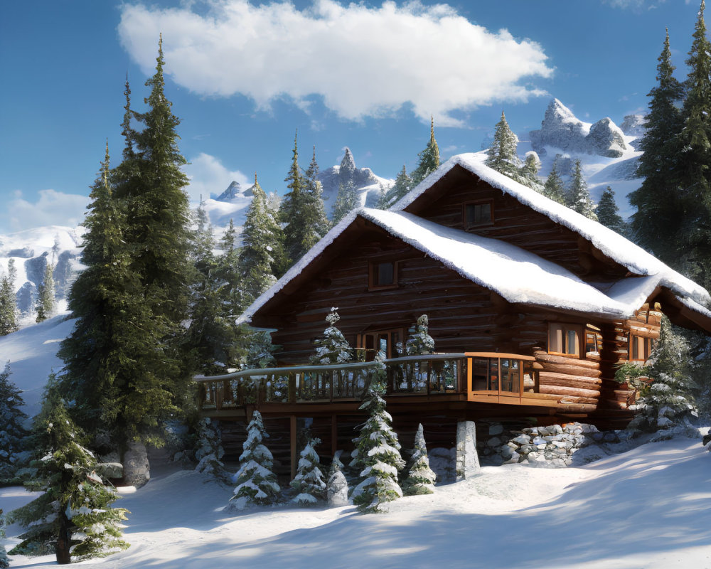 Snowy log cabin nestled among pine trees and mountains on sunny day