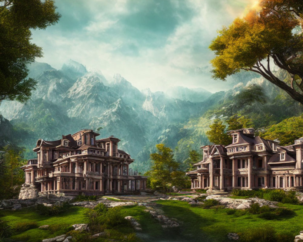 Victorian Mansions in Forest Landscape with Stream and Mountain Sky