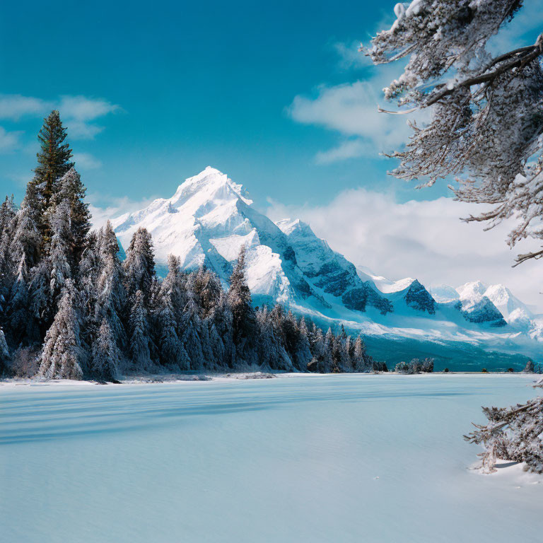 Majestic snow-covered mountain landscape with frozen lake
