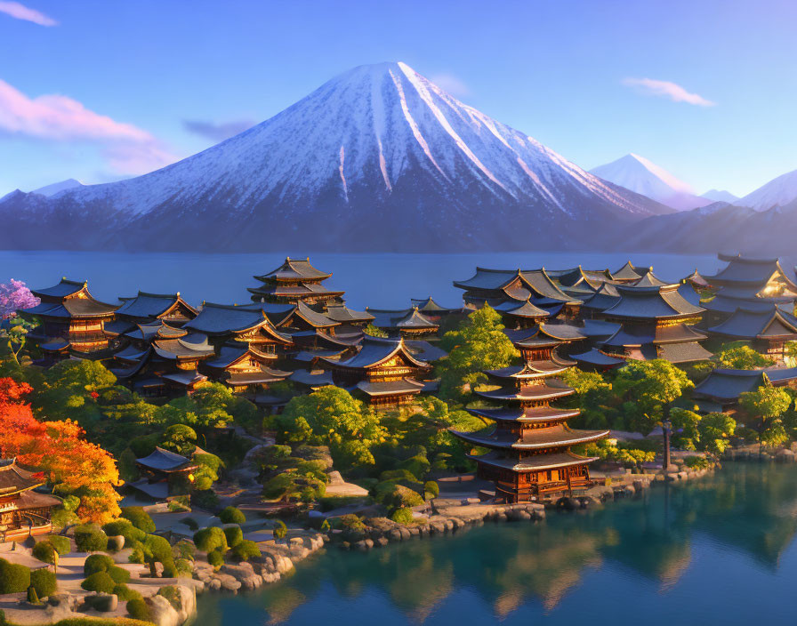 Animated landscape with pagodas, lake, mountain, and autumn foliage