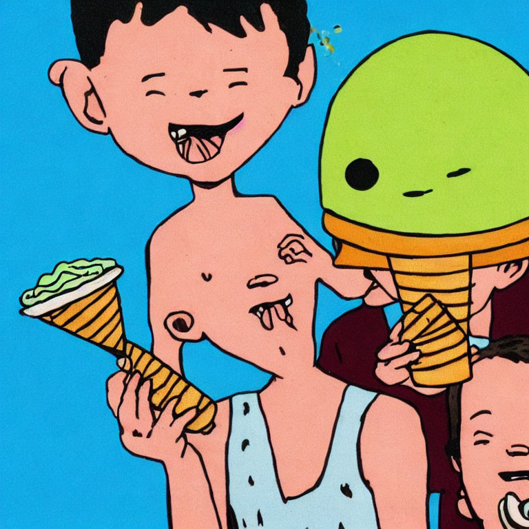 Three happy kids with green ice cream on blue background
