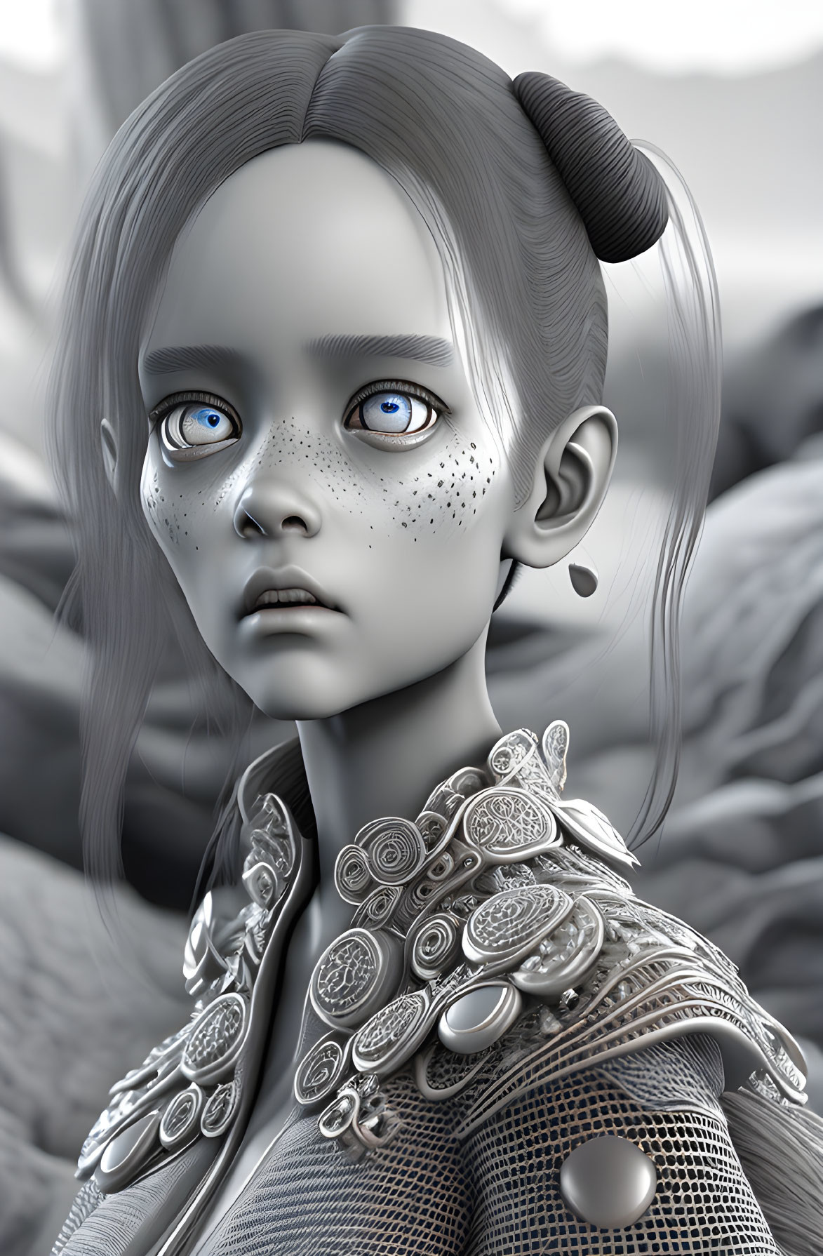 Monochrome portrait of a girl with blue eyes, freckles, twin buns, and intricate