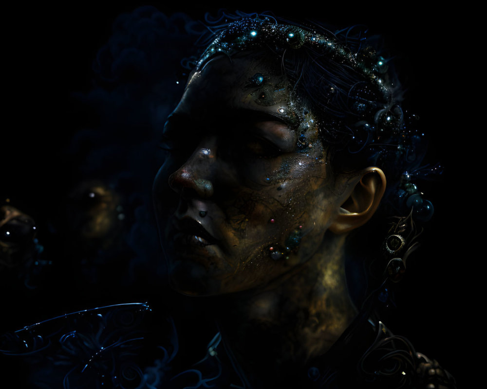 Person with shimmering cosmic makeup against dark background - Ethereal aura