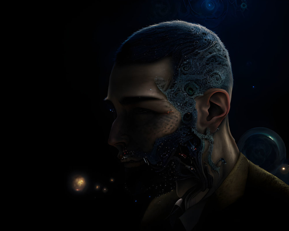 Man with Cybernetic Enhancements in Profile Against Dark Cosmic Background