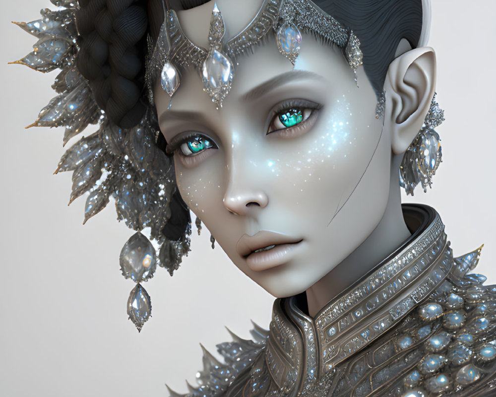 Portrait of a person with silver headgear, blue eyes, jewels, and detailed armor