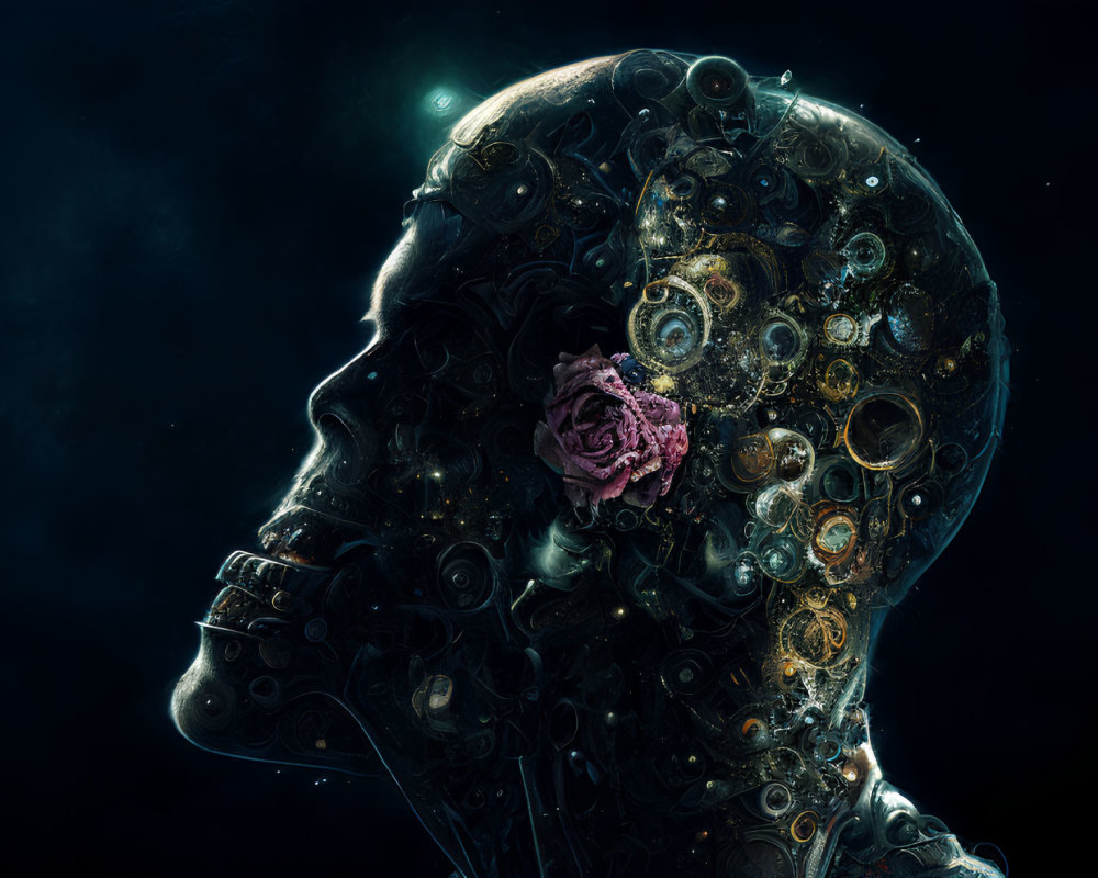 Digital artwork of human profile with transparent head filled with intricate mechanical gears and glowing pink brain