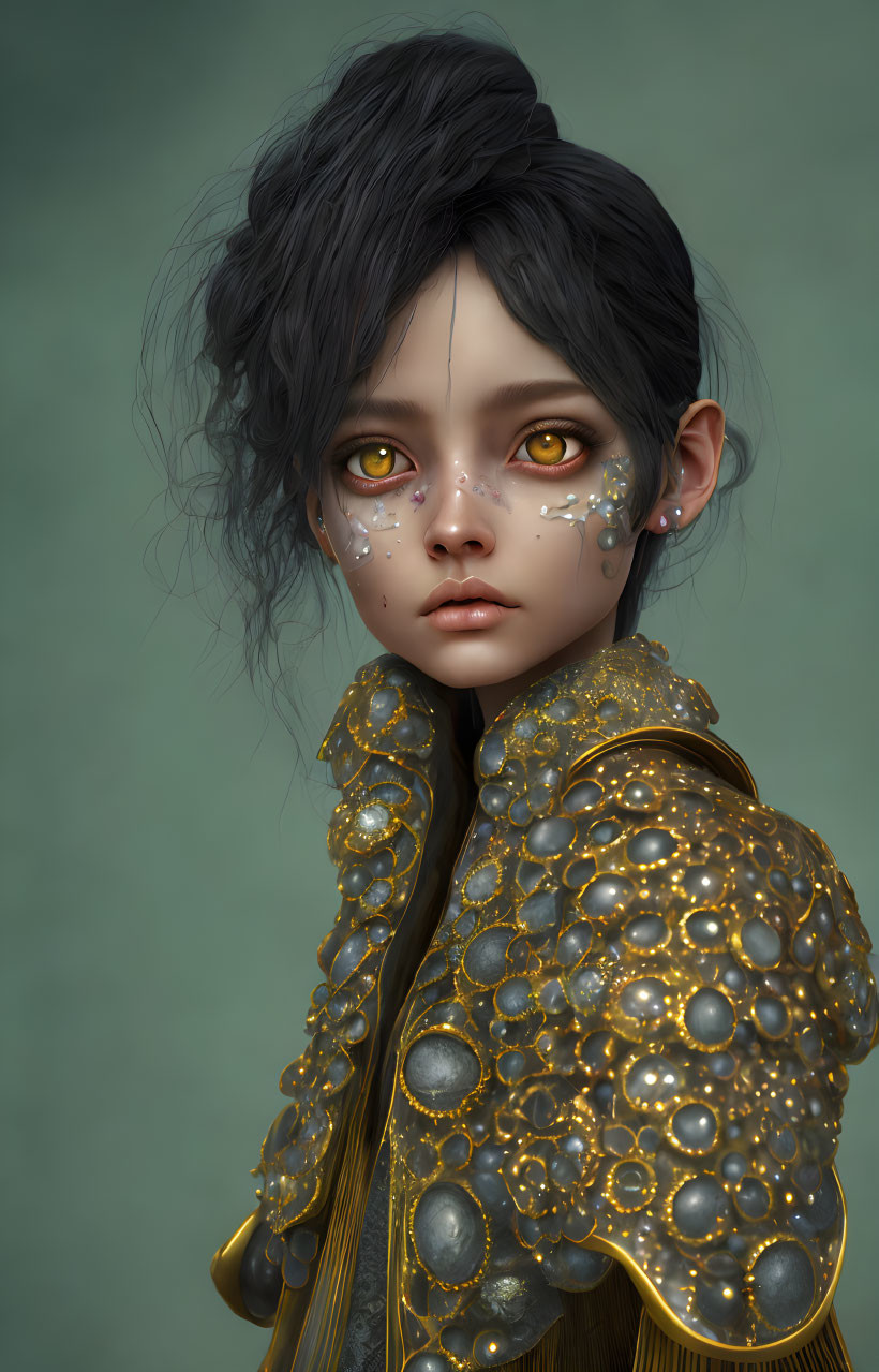 Person with Wide Eyes and Constellation Face Markings in Gold Jacket