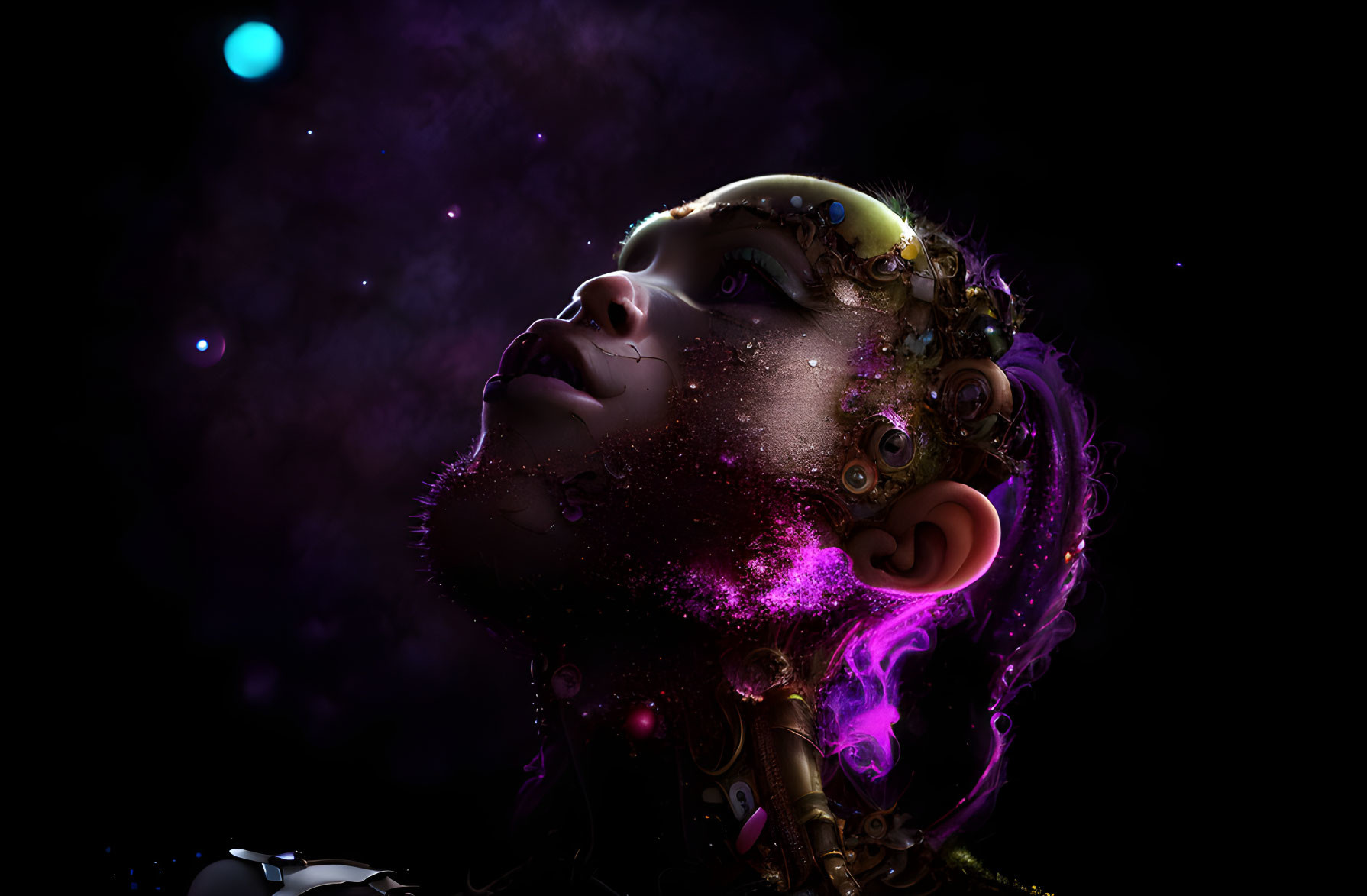 Intricate headgear and glowing purple accents on surreal portrait