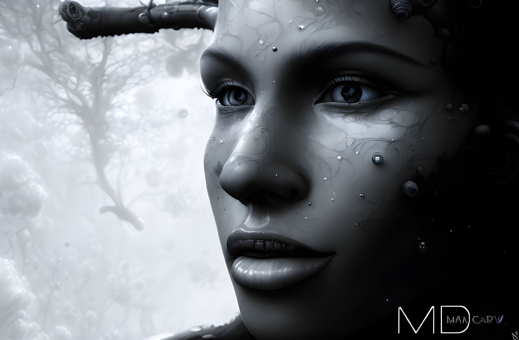 Monochromatic digital artwork of female face with cybernetic enhancements