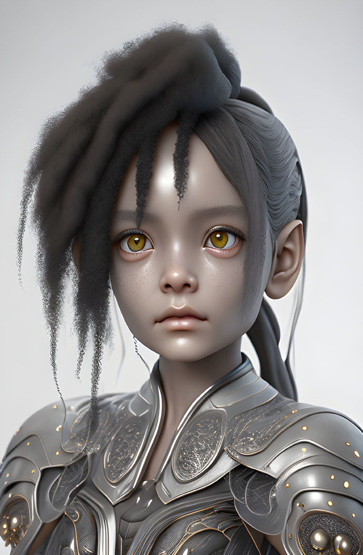 Fantasy character digital portrait with yellow eyes, grey braided hair, and silver armor