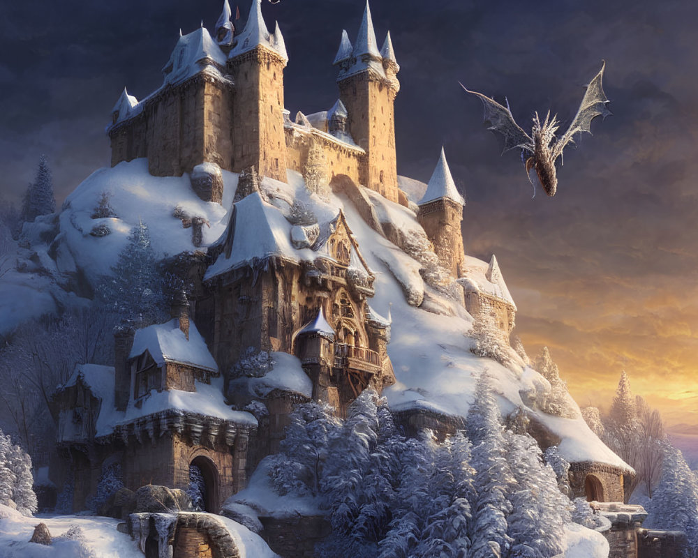 Snow-covered castle with soaring dragon at sunset