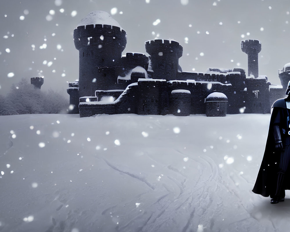 Mysterious figure in black suit and cape in snowy landscape with castle-like structure