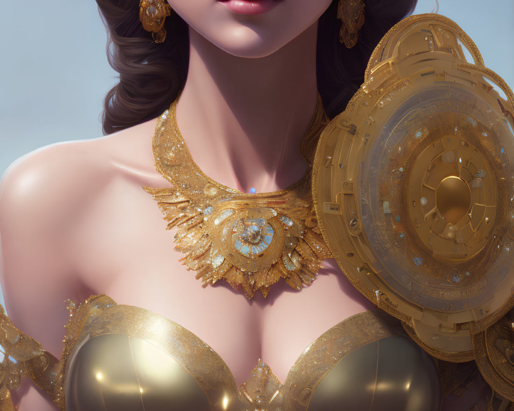 Detailed illustration: Woman adorned with golden jewelry and mechanical shoulder accessory on soft background