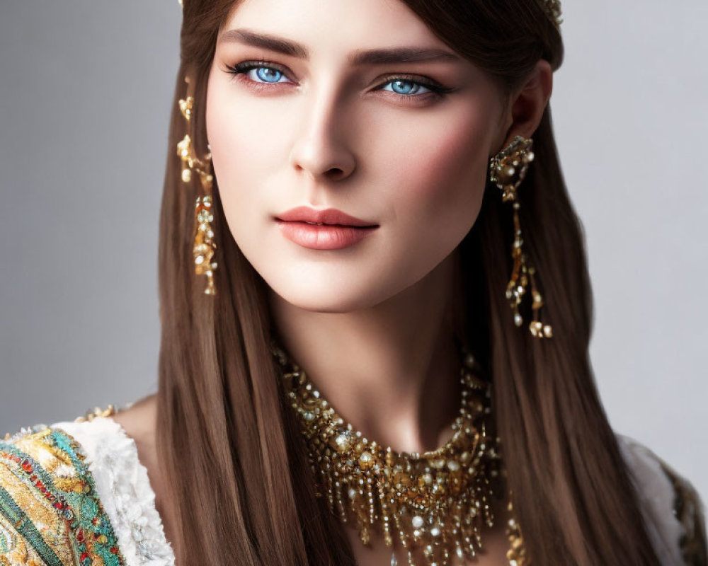 Woman with Striking Blue Eyes and Golden Jewelry in Richly Embroidered Outfit