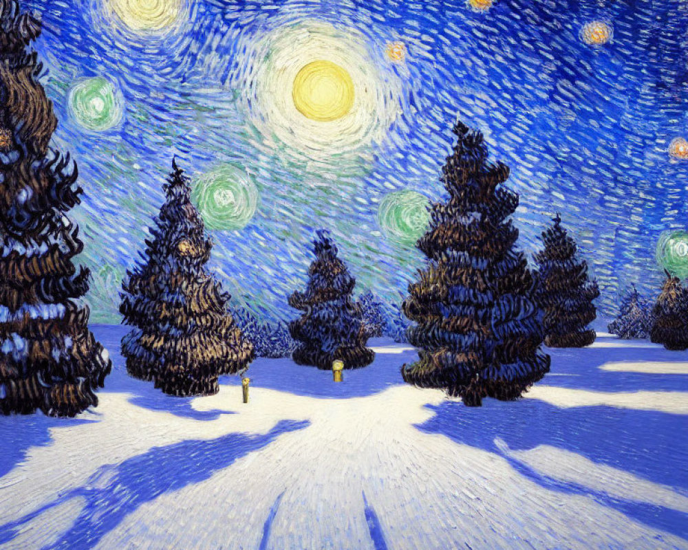Starry Night Sky Over Snowy Terrain and Evergreen Trees
