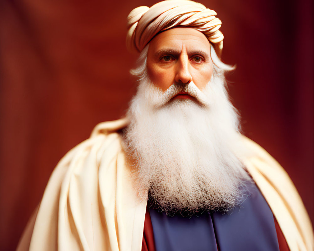 Historical portrait of man with white beard and turban on red backdrop