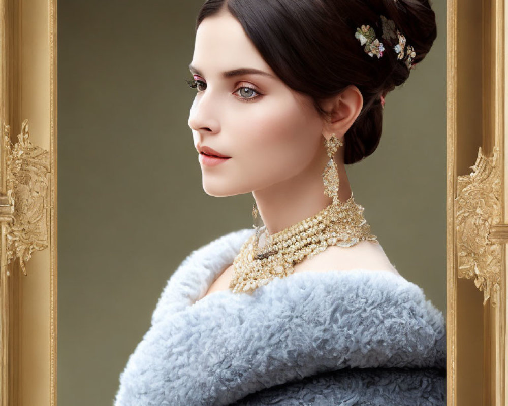 Dark-haired woman in updo with floral hairpiece, gold jewelry, blue shawl, framed in