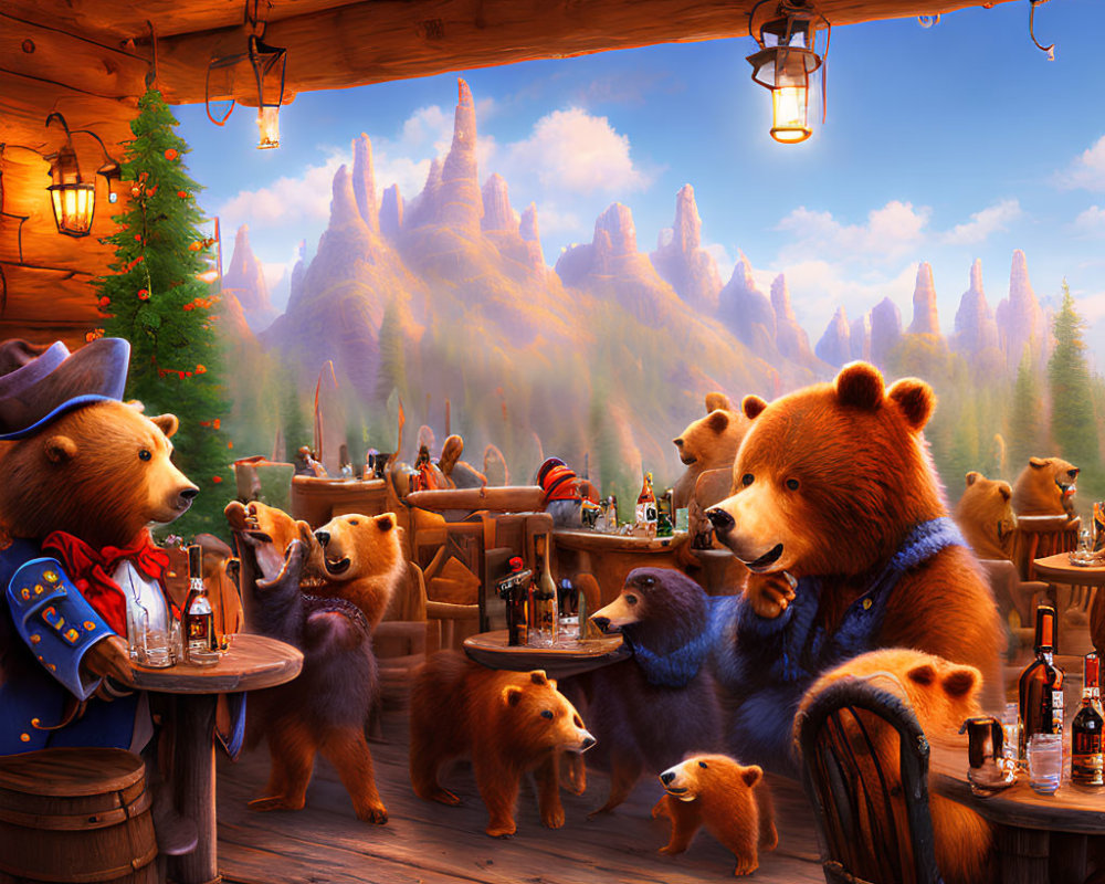 Anthropomorphic bears at lively outdoor tavern with mountain view