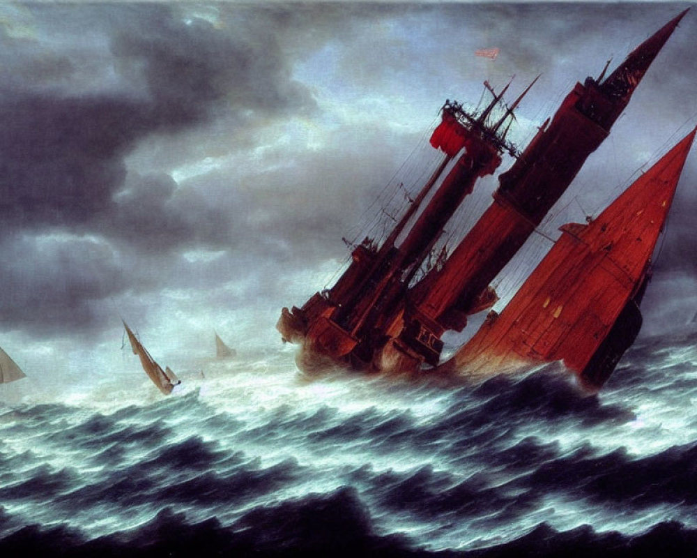 Stormy Seas: Tall Ships Battle Amid Dark Clouds and Choppy Waves