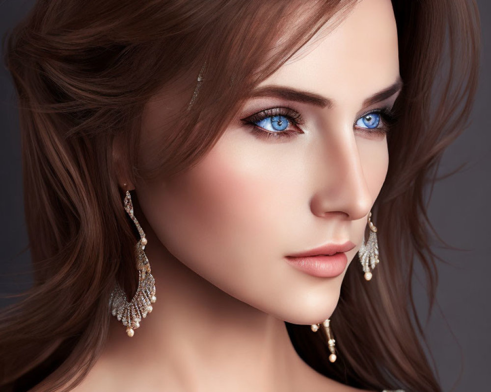 Portrait of Woman with Striking Blue Eyes and Elegant Earrings