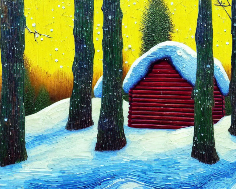 Snow-covered red cabin in forest with falling snowflakes