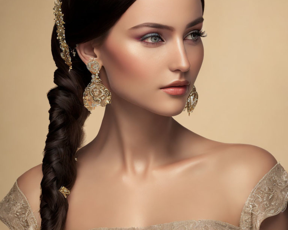 Woman with sleek braid, ornate earrings, makeup, lace dress on beige background