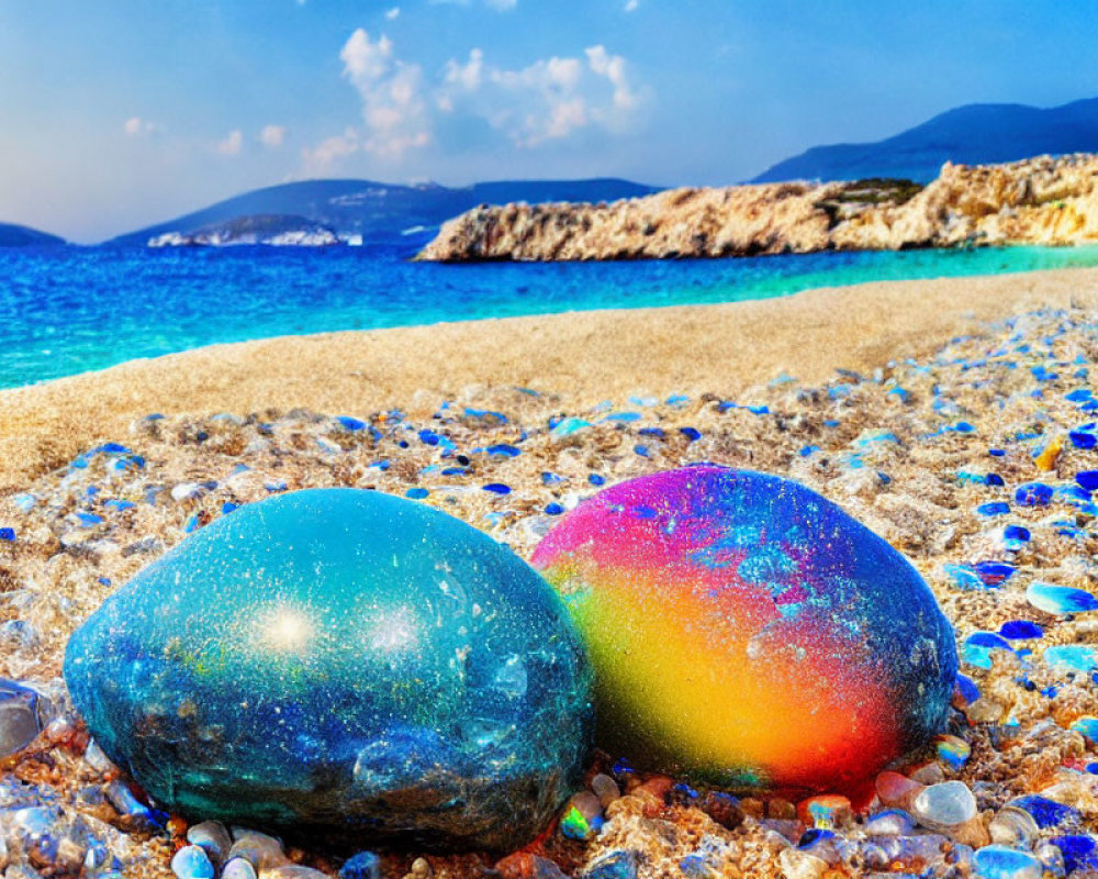 Colorful painted rocks on pebble beach with blue sea and rocky cliffs.