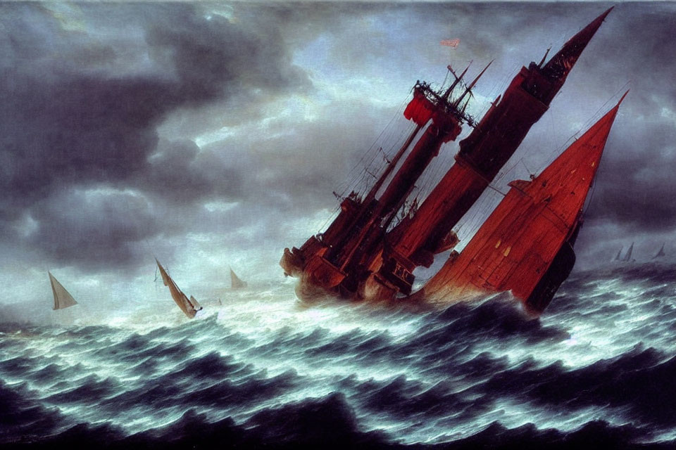Stormy Seas: Tall Ships Battle Amid Dark Clouds and Choppy Waves