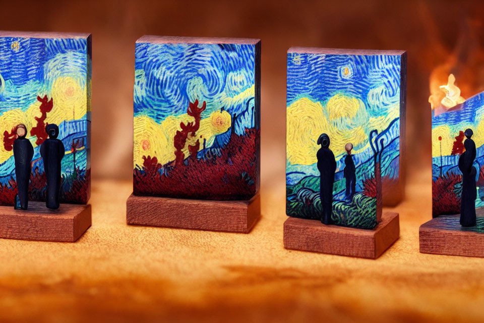 Wooden blocks with miniature silhouettes of figures in poses from "Starry Night