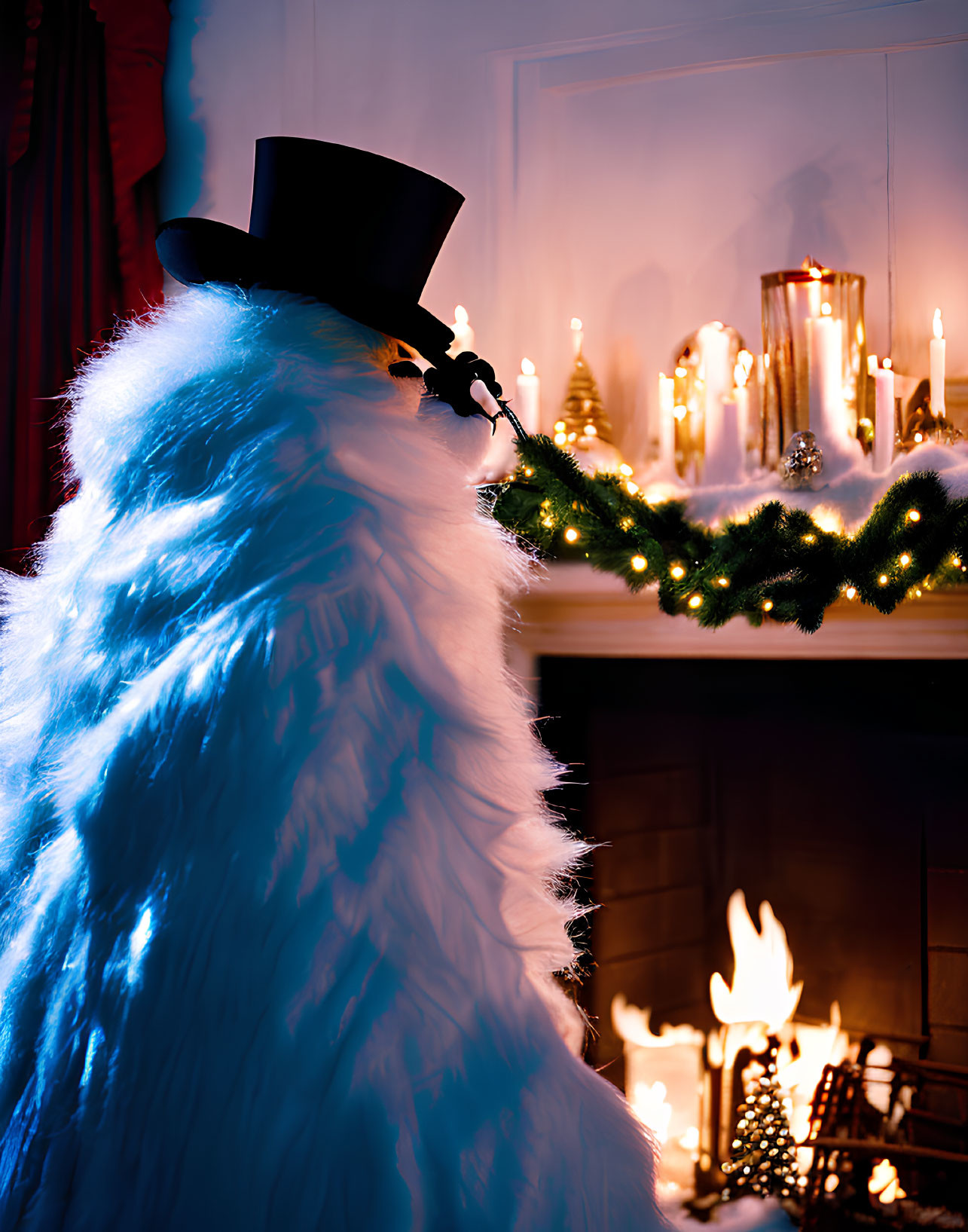Person in white feathery outfit by festive fireplace