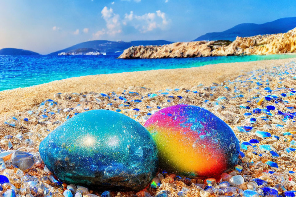 Colorful painted rocks on pebble beach with blue sea and rocky cliffs.