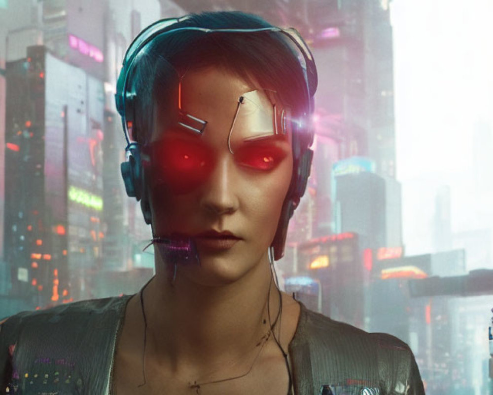 Cybernetic-enhanced individual with glowing red eyes in futuristic cityscape